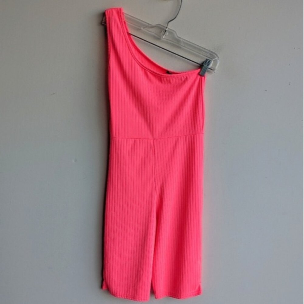 I Saw It First neon pink ribbed one shoulder one piece romper